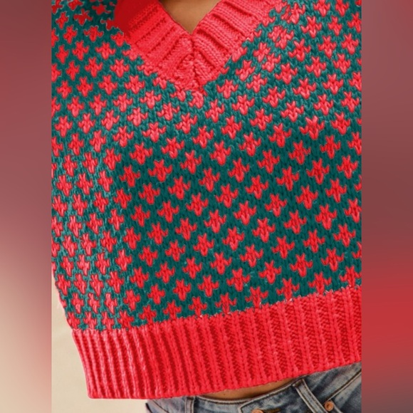 SO ME Color Block Textured Christmas Sweater V Neck Top - Picture 3 of 4